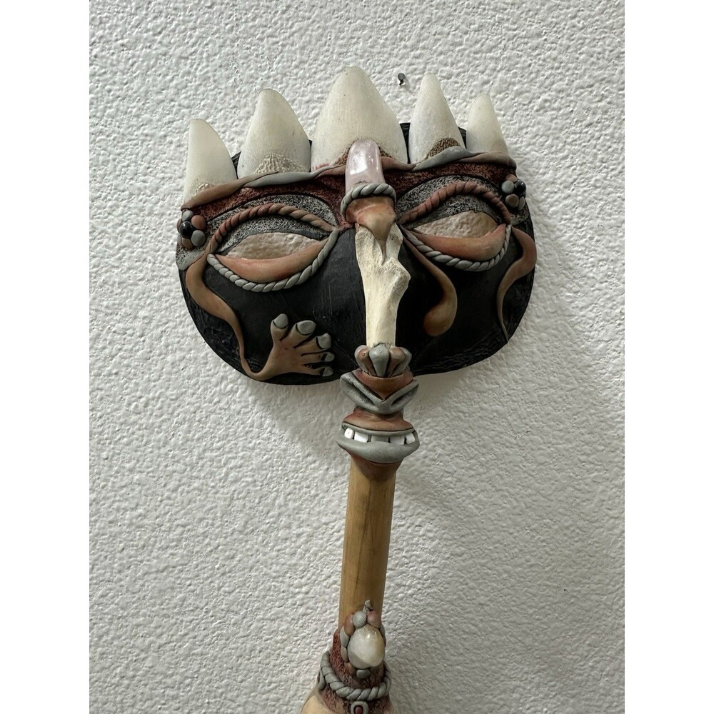 Mask Hand Held Shake Tribal Native Rattle Spirit Ceremony Masquerade Wood Dart